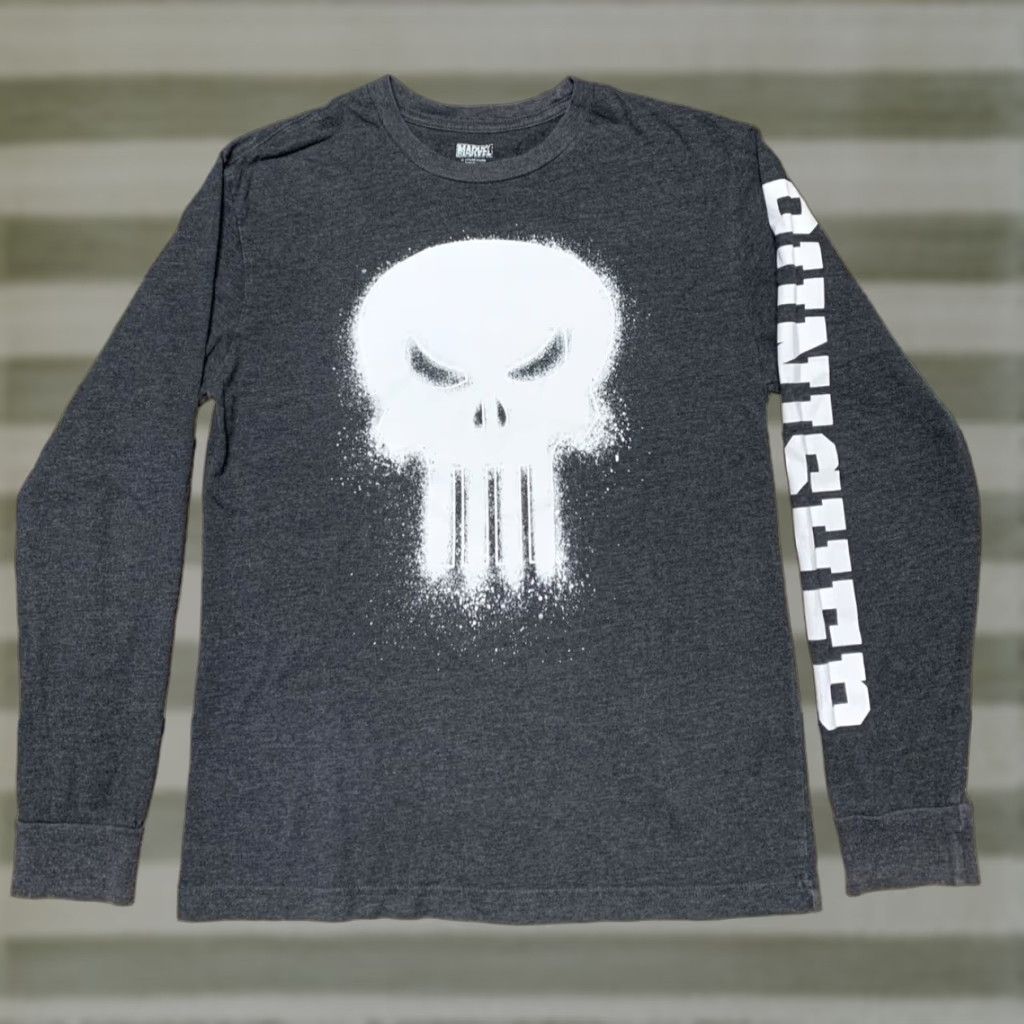 Vintage Marvel Punisher Men's Long Sleeve Tee Size M Crew Neck Dark Gray White Image Pattern Solid Logo Graphic Print Size US M / EU 48-50 / 2 - 1 Thumbnail