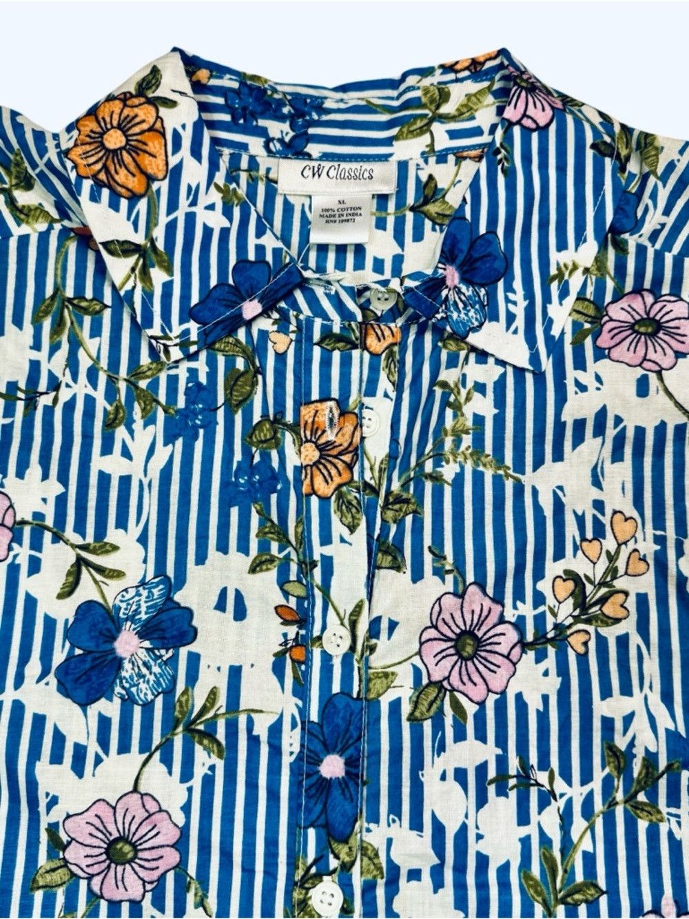 Other New CW Classics Blue Floral Stripe Button-Down Cotton Shirt Size XL / US 12-14 / IT 48-50 - 5 Thumbnail