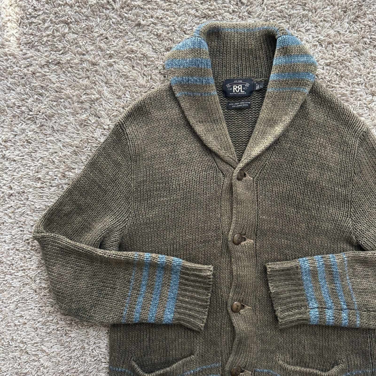 RRL Ralph Lauren × Ralph Lauren RRL Ralph Lauren Shawl Collar Cardigan Sweater Brown Linen Size US L / EU 52-54 / 3 - 12 Thumbnail