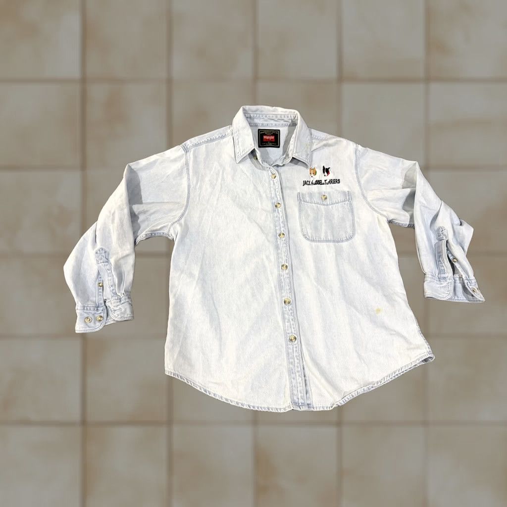 Wrangler Wrangler Button-Up Shirt Womens M Denim Blue Jack Russell Terrier Embroidered Pocket Casual Long Sleeve Size M / US 6-8 / IT 42-44 - 1 Thumbnail