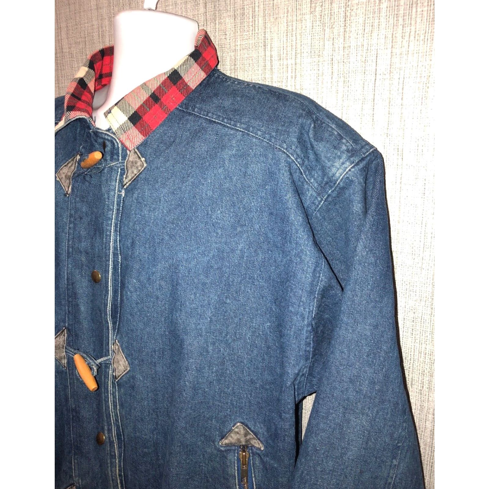 Denime Pan Asia Mens Plaid Jean Jacket L Blue Denim Snap Button Front Lined Size US 33 - 2 Thumbnail