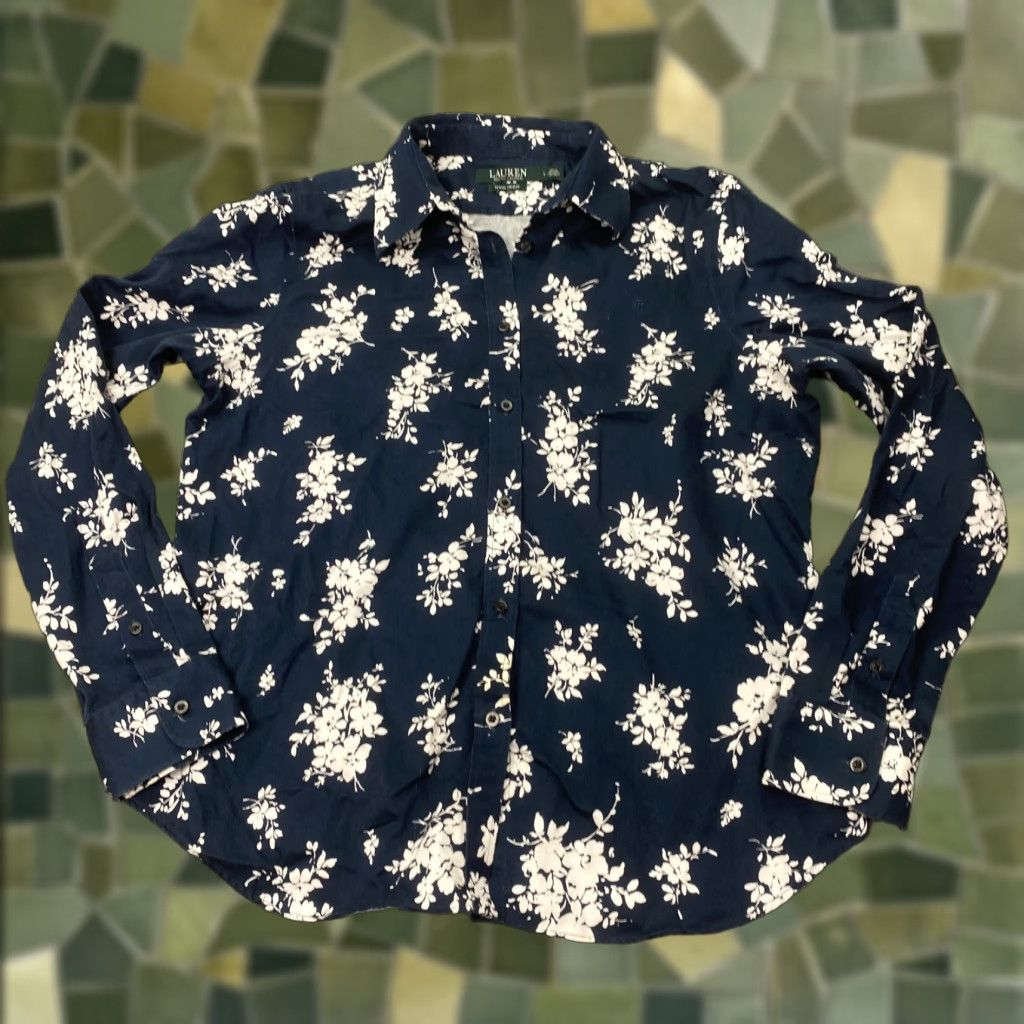 Ralph Lauren VINTAGELauren Ralph Lauren Shirt Womens Large Navy White Floral Non-Iron Long Sleeve? Size L / US 10 / IT 46 - 1 Thumbnail