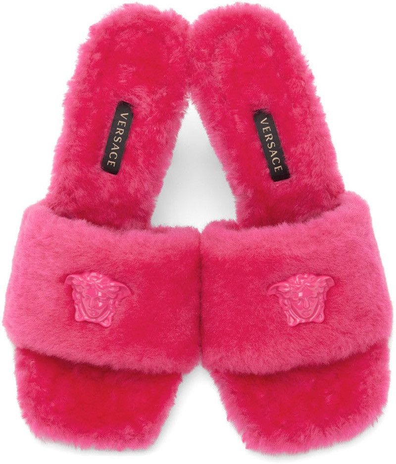 Versace Versace Pink Shearling 'La Medusa' Heeled Sandals Size US 8 / IT 38 - 4 Thumbnail