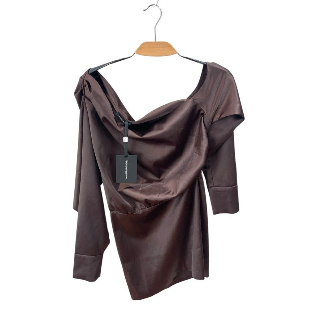 Maniere De Vior NEW Manière De Voir Brown Off Shoulder Satin Dress EU 42 Size L / US 10 / IT 46 - 6 Thumbnail