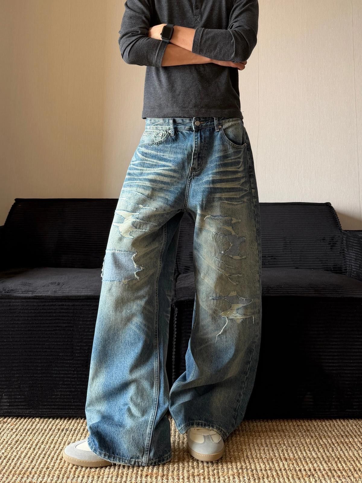 Vintage Blue Distressed Wide Leg Jeans, Baggy Denim Pants Size US 30 / EU 46 - 2 Thumbnail