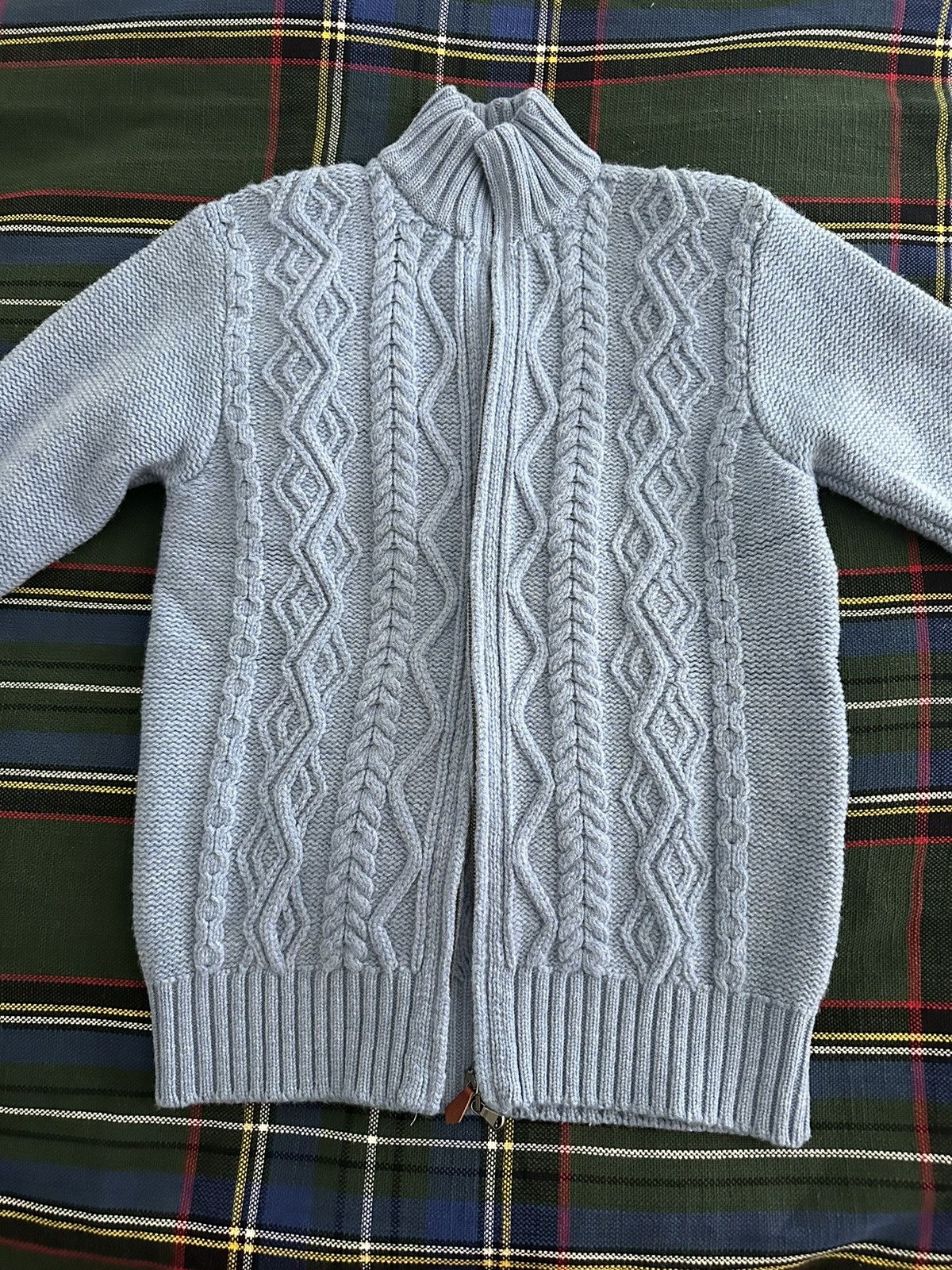 image of Inis Meain Cable-Knit Merino Wool Zip-Up Cardigan in Blue, Men's (Size Small)