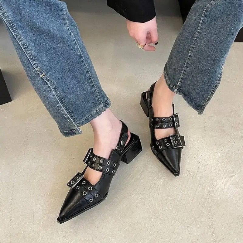 Streetwear Gothic Retro Vintage Style Pu Leather Boots Heel Shoes in Black, Women's (Size 6.5)