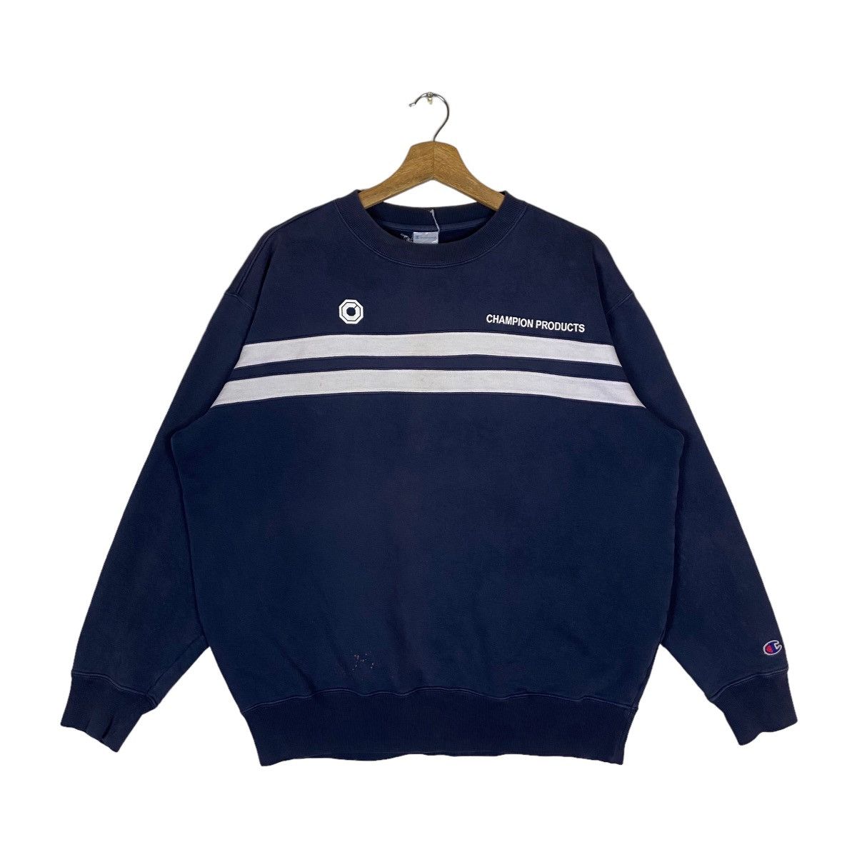 image of Vintage Champion Products Spell Out Pullover Jumper in Navy, Men's (Size Large)