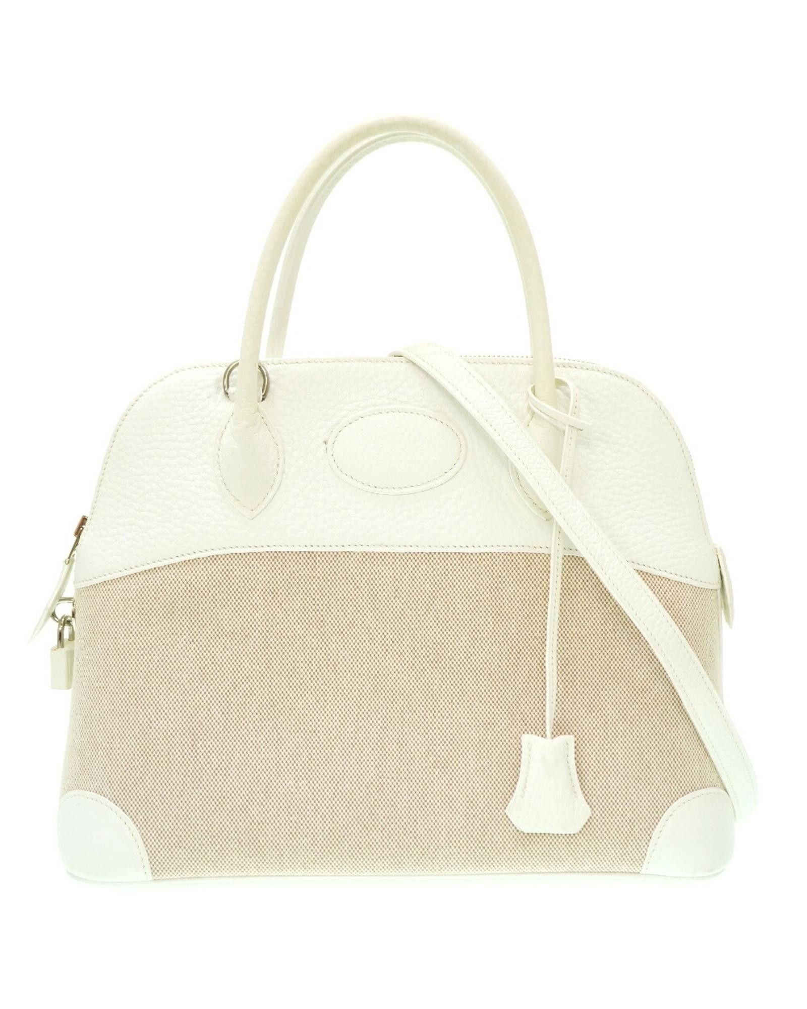 image of Elegant White Leather Handbag With Silver Accents By Hermes, Women's