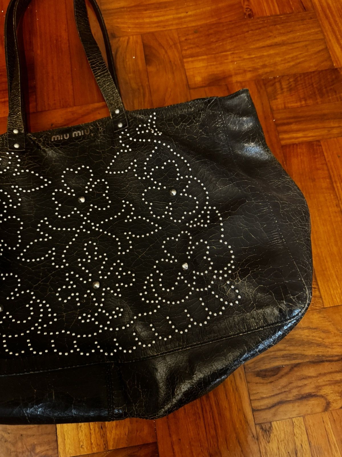 Vintage Miu Miu Floral Stud Distressed Leather Bag
