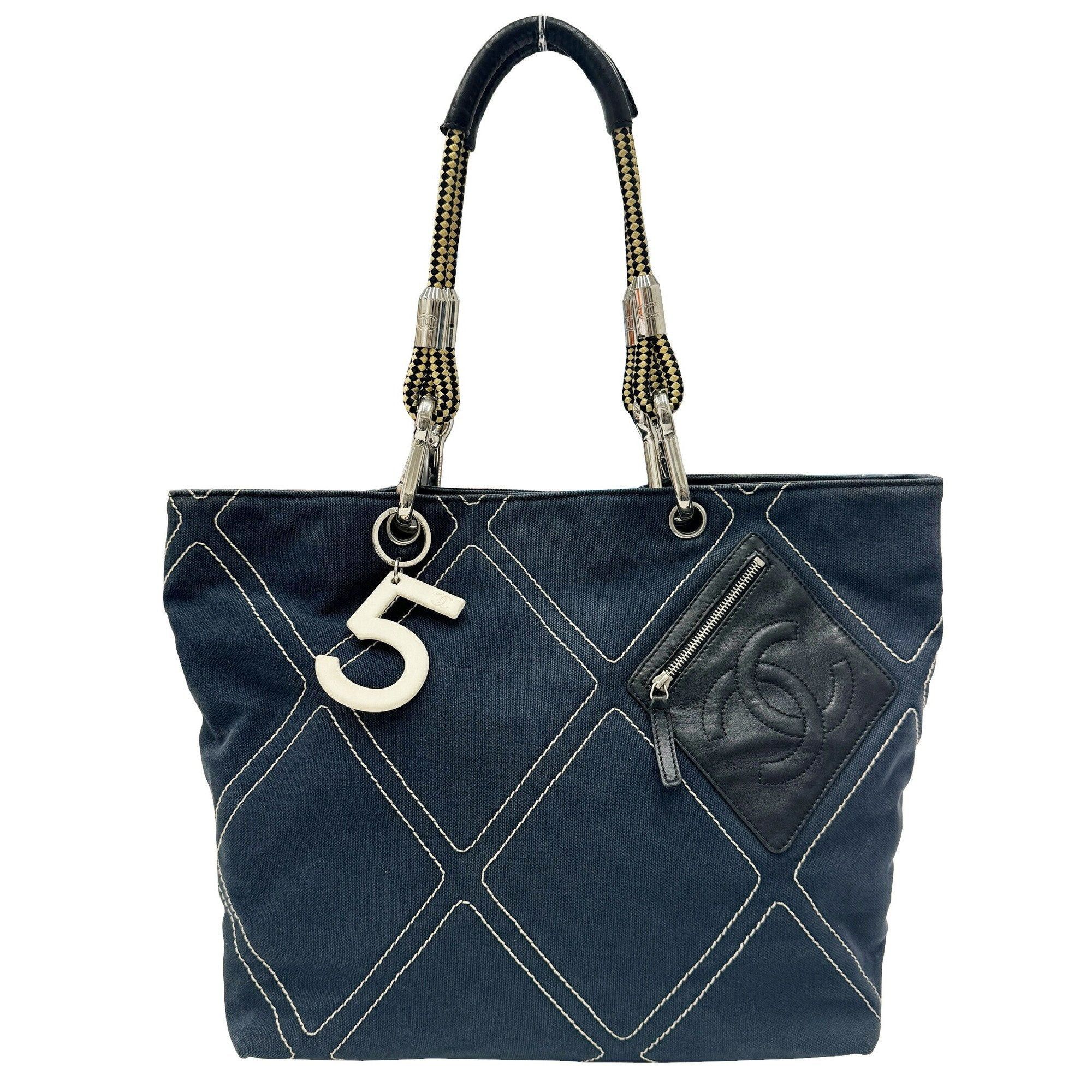 image of Chanel No.5 Number 5 Coco Mark Tote Bag Handbag Canvas Leather Navy Black A27208 9Th Series Ladies,