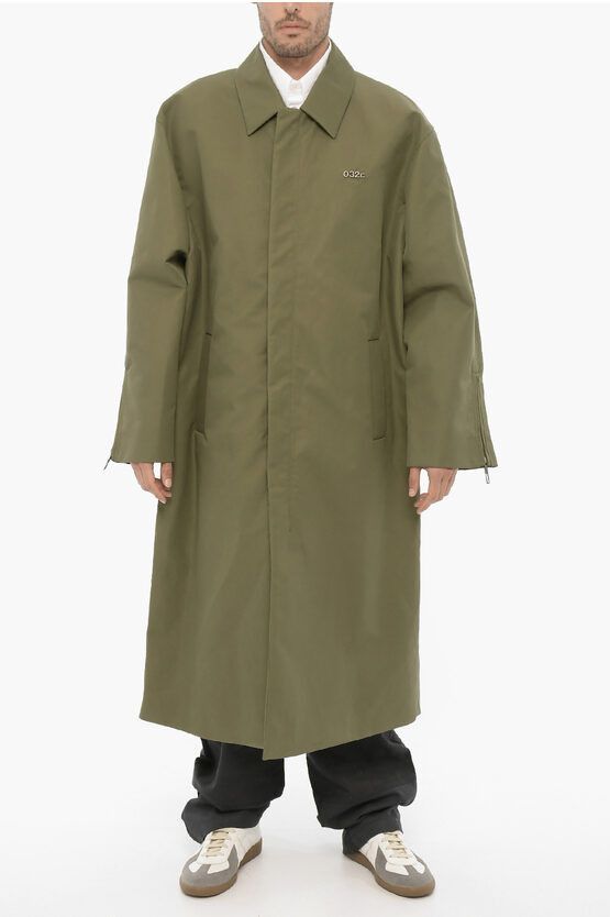 image of 032C Hidden Closure Coated Cotton Maxi Trench in Green, Men's (Size Medium)