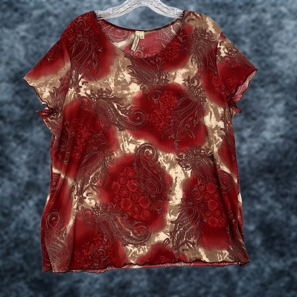 Vintage Susan Lawrence Blouse Womens 1X Red Paisley Embroidered Short Sleeve Boho Shirt Size XL / US 12-14 / IT 48-50 - 1 Thumbnail