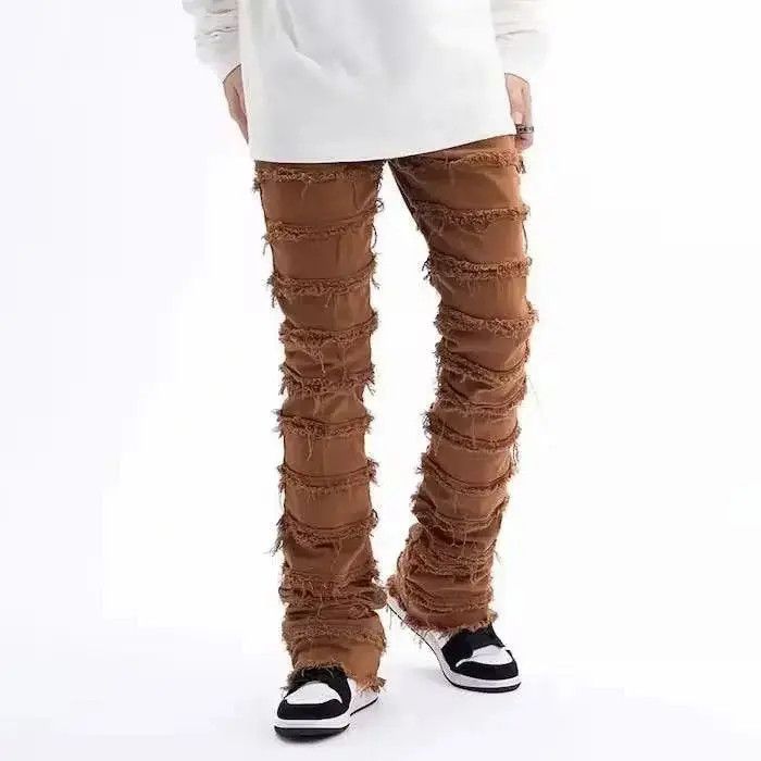 Japanese Brand Brown Striped Tassel Frayed Straight Baggy Jeans Pants Size US 32 / EU 48 - 4 Thumbnail