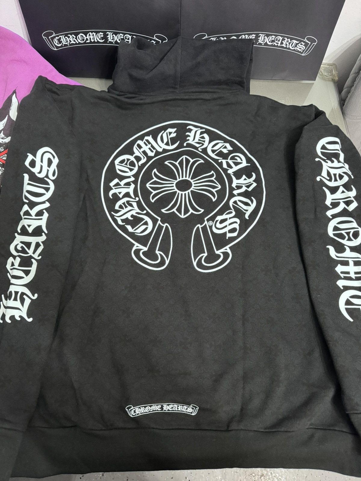 image of Chrome Hearts Plus Cross Allover Print Horseshoe Logo Hoodie in Black, Men's (Size Medium)