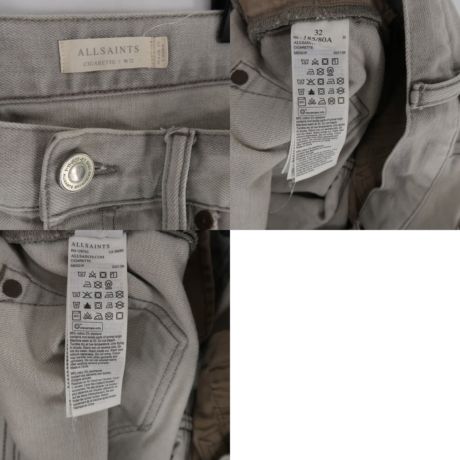Allsaints AllSaints Jeans Mens 32 Gray Skinny Tapered Button Fly Stretch Denim Size US 32 / EU 48 - 9 Thumbnail