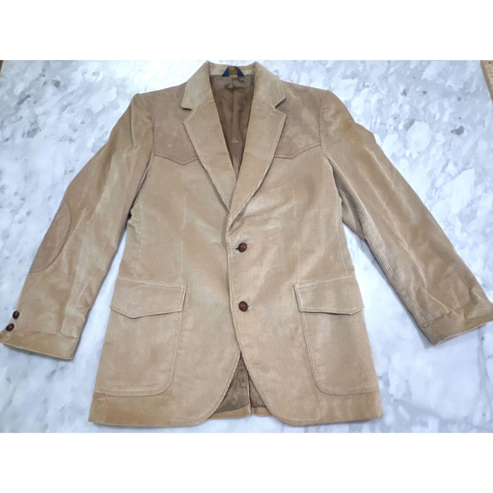 Pendleton VINTAGE Pendleton Mens Blazer Corduroy Jacket 40 Tan Western Suede Patch Two-Button Notch Tailored Single-Vented Chest 40 Mens WVTBLAZR Size 40R - 2 Thumbnail