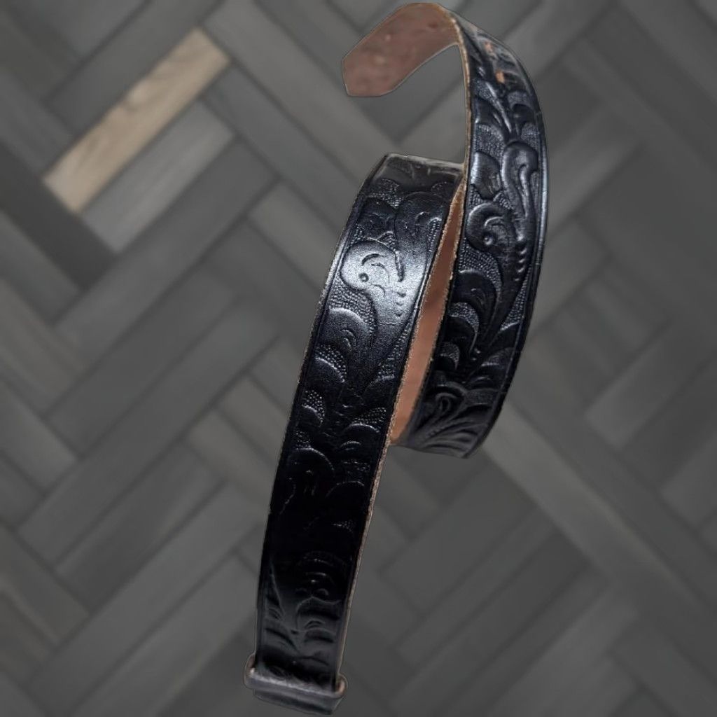 Vintage VINTAGE WESTERN Belt Tooled Leather Cowhide Black 30 Buckle - Cowboy Style Men Belt Size 30 - 1 Thumbnail