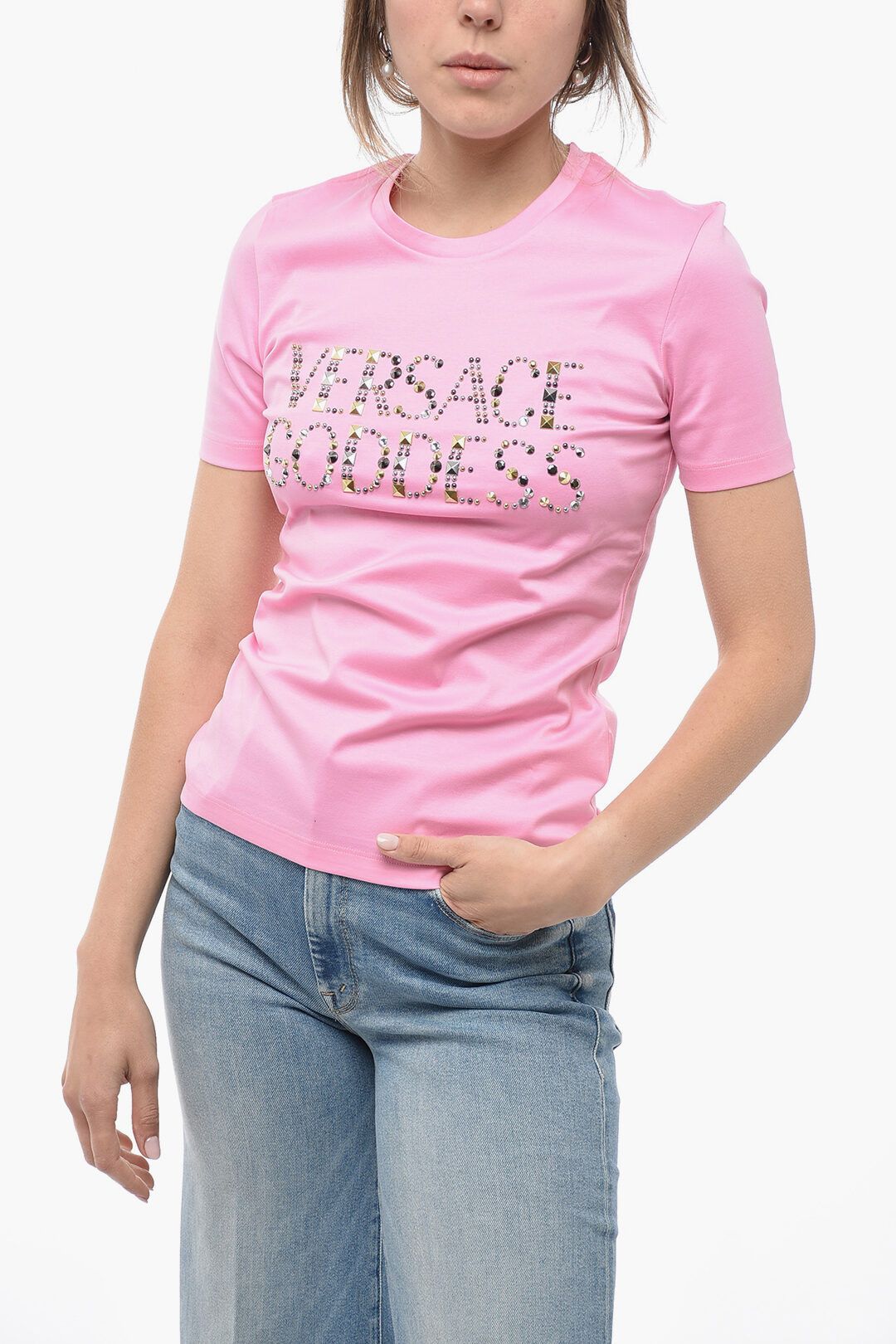 Image of Versace Og1Mm0524 Cotton T-Shirt In Pink, Women's (Size XS)