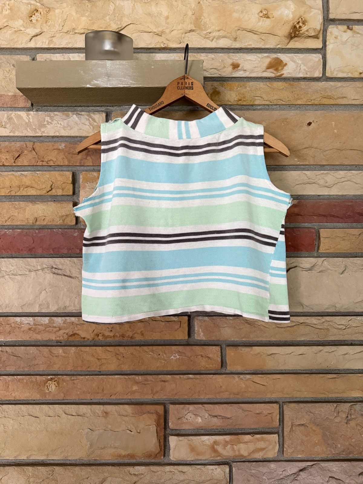 Vintage Vintage 70s Striped Cropped Woven Knit Tee Size L / US 10 / IT 46 - 1 Thumbnail