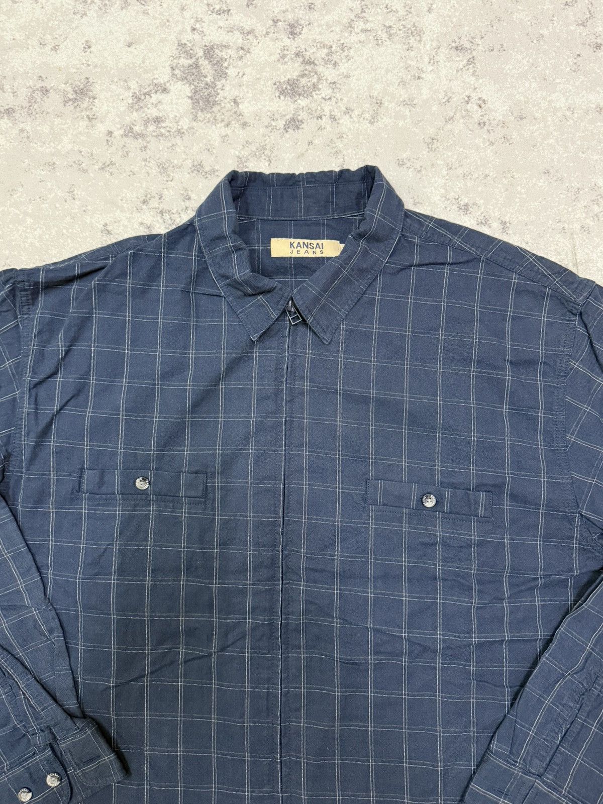 Kansai Yamamoto Kansai Jeans Dark Blue Plaid Zip Up Shirt Size US XXL / EU 58 / 5 - 6 Thumbnail