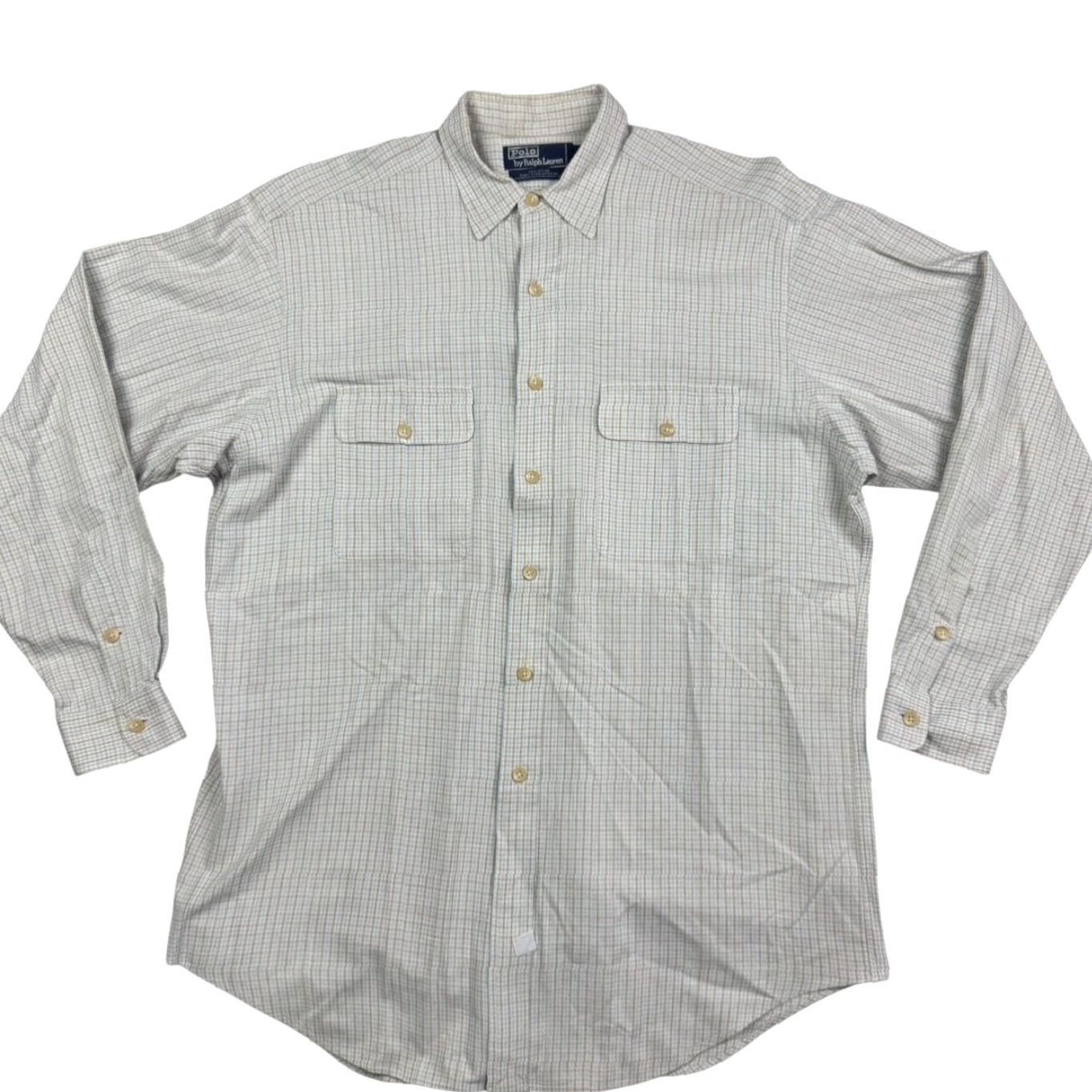 Polo Ralph Lauren Shirt Large Mens 100% Cotton L/S Button-Front Beige Plaid with Chest Pockets Classic Fit