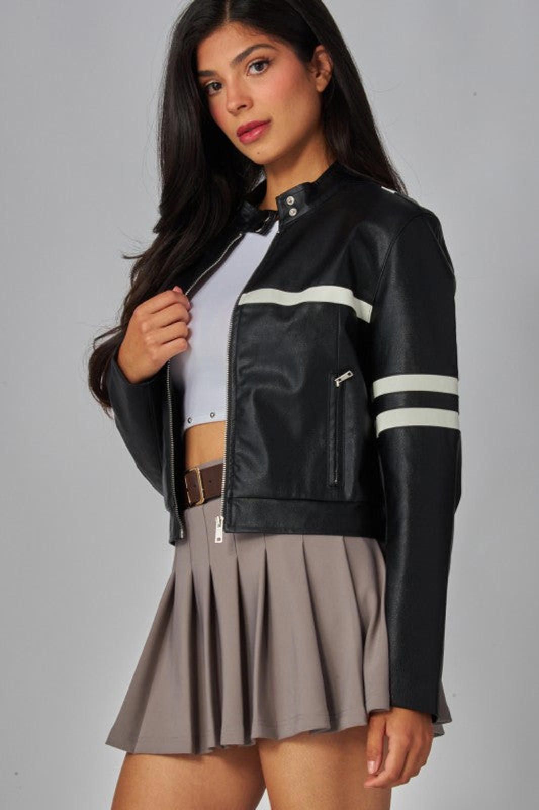 Other Faux Leather Racing Stripes Biker Jacket Size S / US 4 / IT 40 - 1 Thumbnail