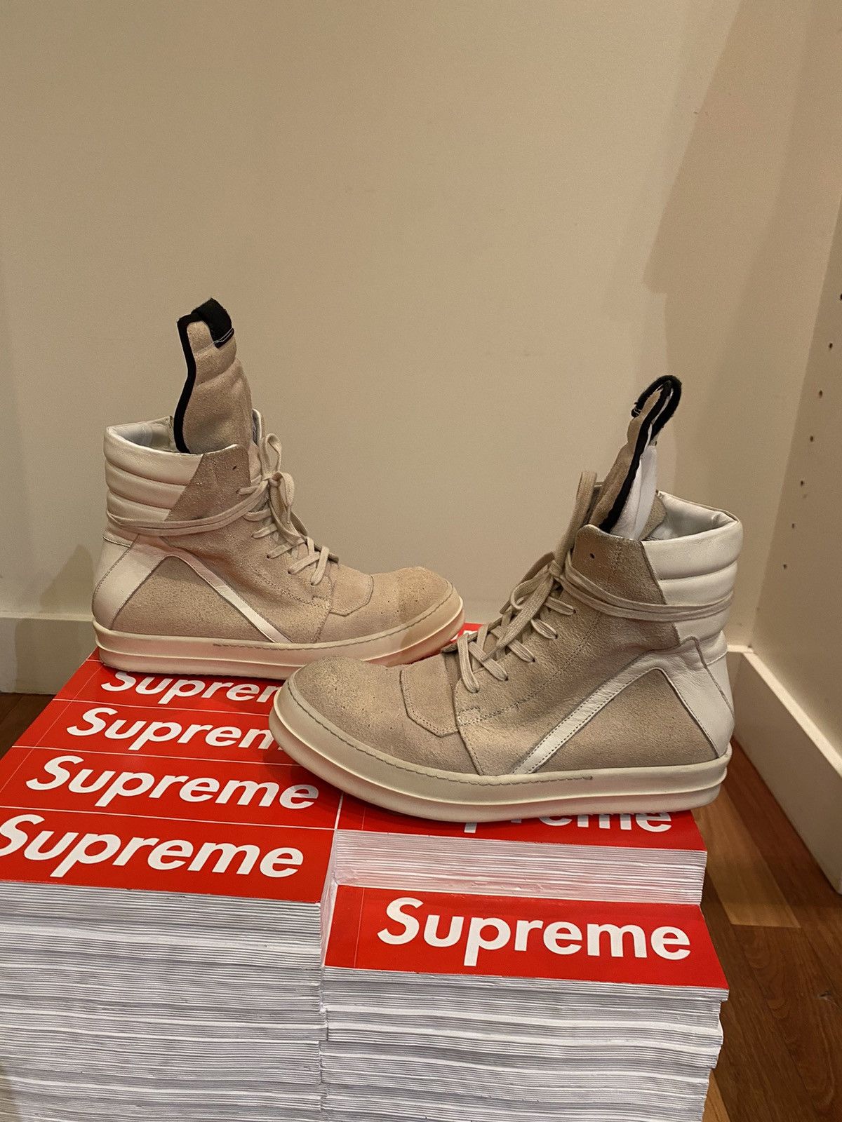 image of Rick Owens Geobasket Shoes in Tan Suede, Men's (Size 8)