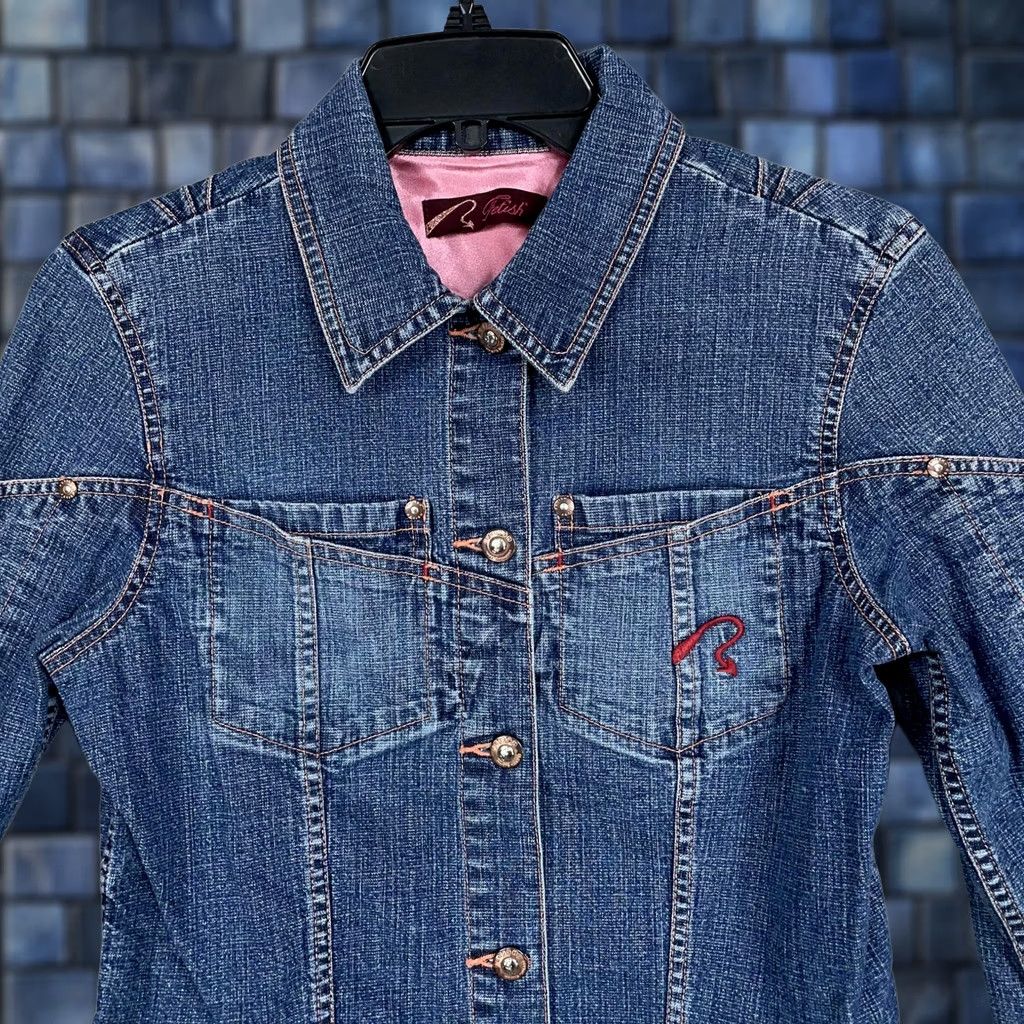 Denime Fetish Denim Jacket Womens Small Blue Jean Fitted Button Front Western Style 90s Casual Mens Womens Girls Boys Size 28" / US 6 / IT 42 - 1 Thumbnail