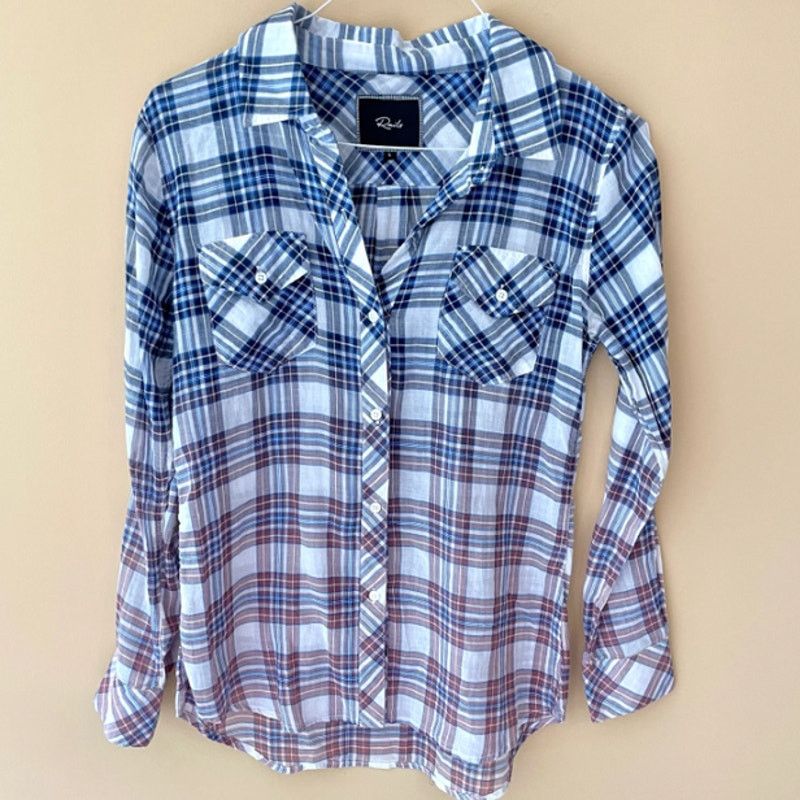 RAILS Ombre White Blue Purple Plaid Checkered Button Down Cotton 2024 Blouse Shirt M