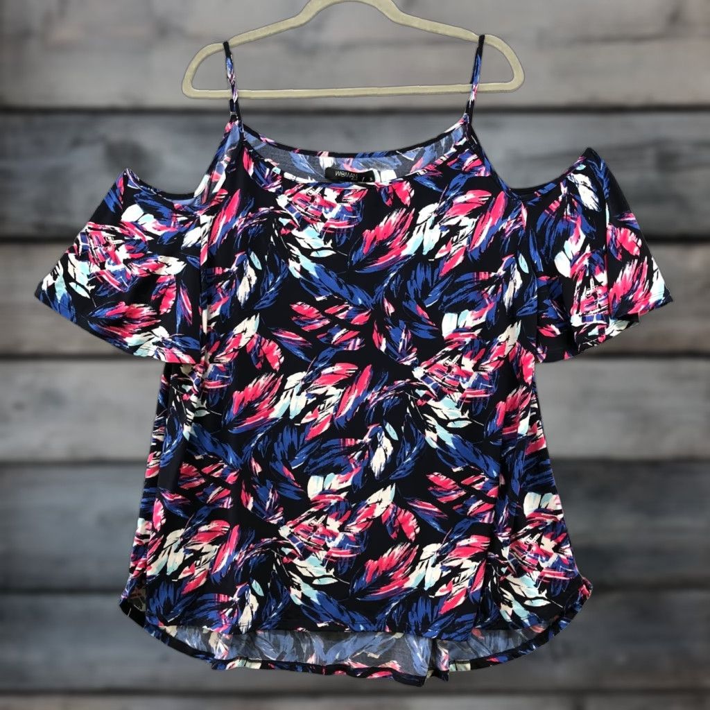 Vintage NWT SM Store Womens Plus Size 3X Cold Shoulder Top Blue Pink Floral Jersey Tropical Shirt Size XXL / US 16-18 / IT 52-54 - 1 Thumbnail