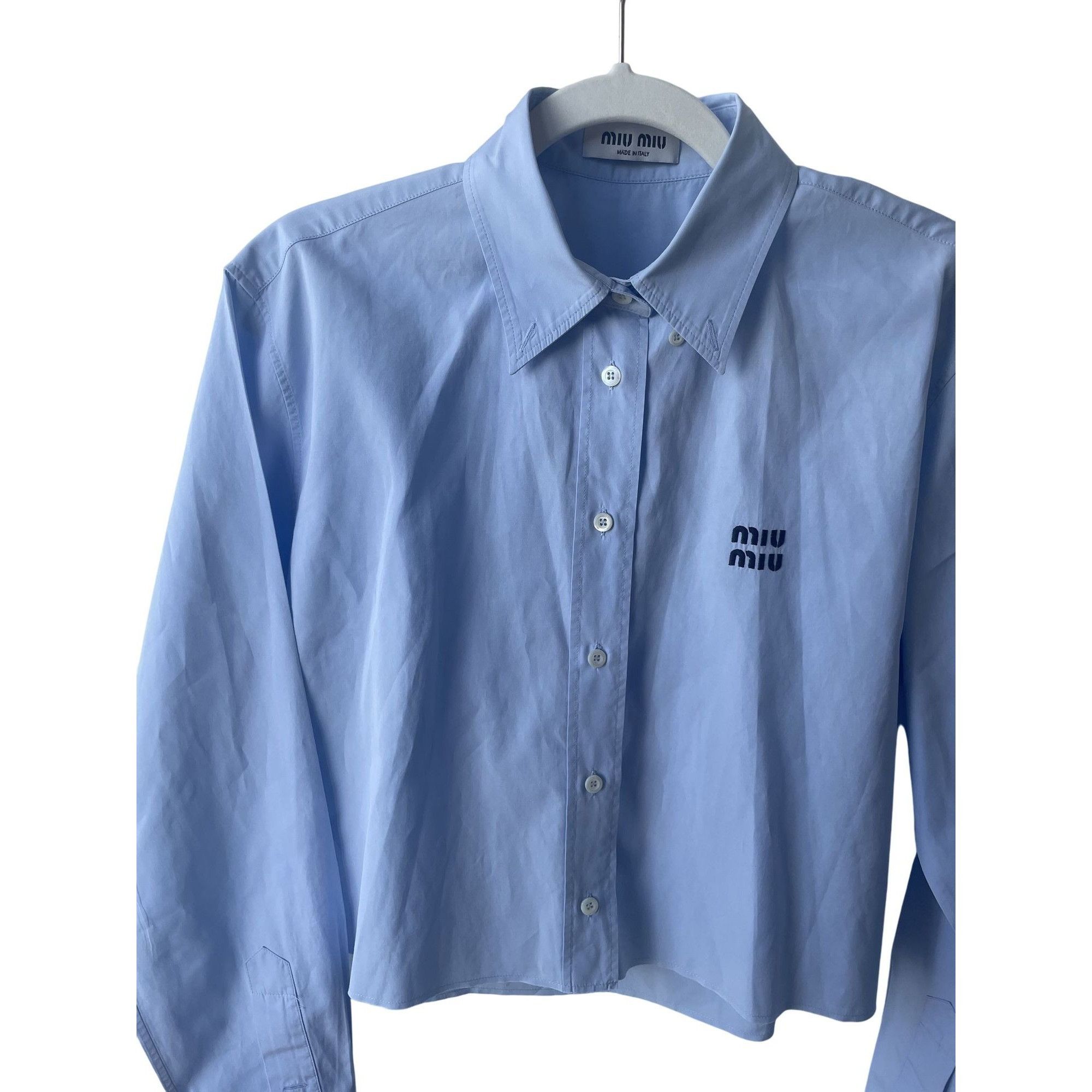 Miu Miu Miu Miu Light Blue Cotton Womens Cropped Button-Up Shirt Wit Size M / US 6-8 / IT 42-44 - 7 Thumbnail
