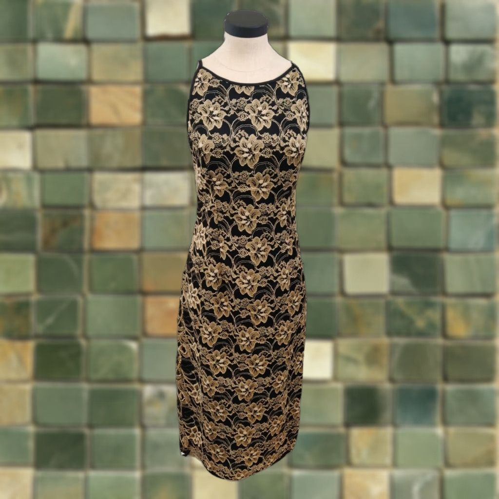 JESSICA MCCLINTOCK Women's Dress Bodycon Sleeveless High Neck Black Gold  Floral Size 4 Knee Length