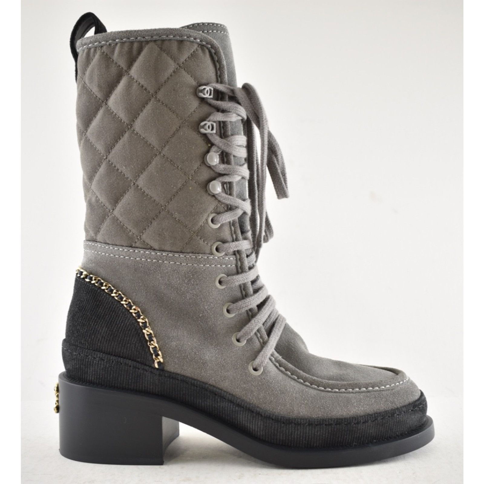 Chanel Chanel 24K Grey Quilted Suede Chain CC Combat Boots 36 Size US 6 / IT 36 - 2 Thumbnail