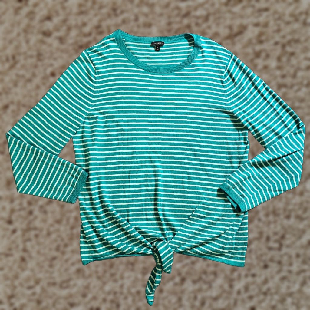 Talbots Talbots Sweater Top Womens XL Green White Stripe Tie Waist Long Sleeve Casual Size XL / US 12-14 / IT 48-50 - 1 Thumbnail