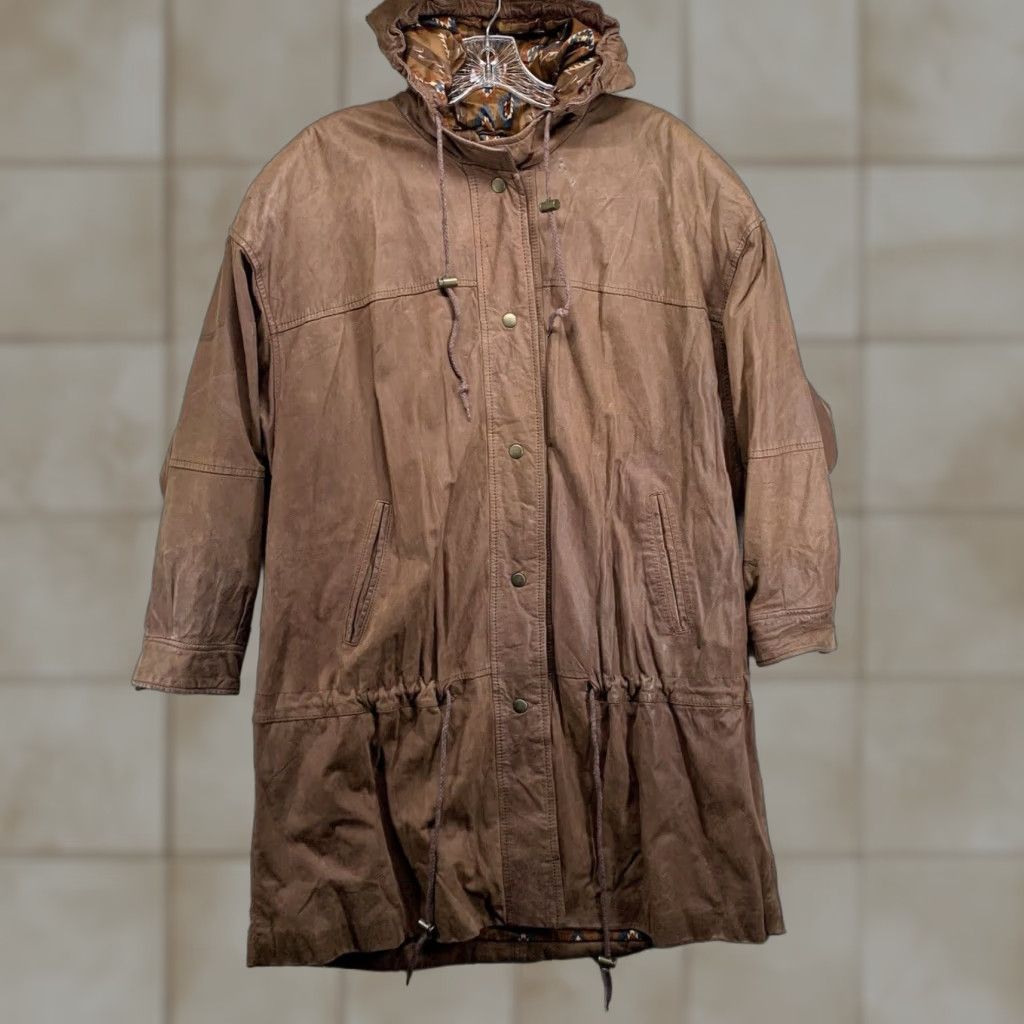 Vintage VINTAGE Adventure Bound Leather Hooded Trench Coat Large Women Brown Solid Mid-Length Full Zip Pockets All Seasons 90s Western Theme Mens? Size L / US 10 / IT 46 - 1 Thumbnail