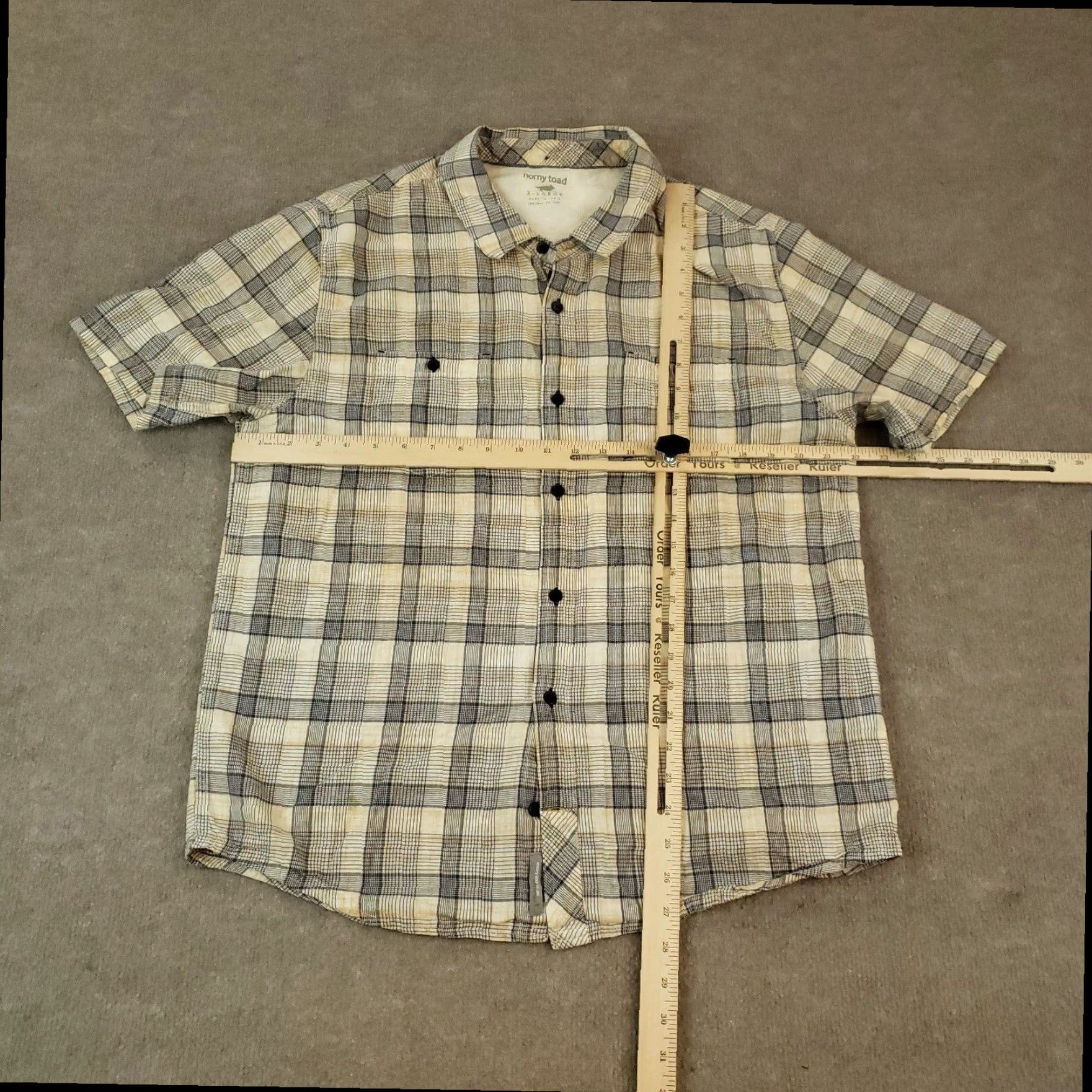 Vintage Horny Toad Button Up Shirt Mens Extra Large Beige Gray Plaid Short Sleeve Casual Size US XL / EU 56 / 4 - 2 Thumbnail
