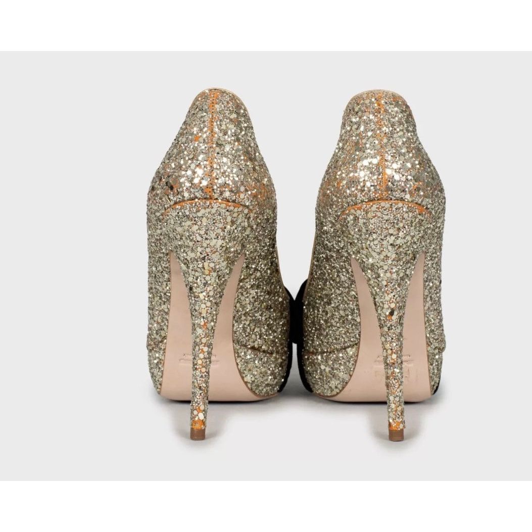 Miu Miu Miu Miu Gold Leather Peep-Toe Heels with Velvet Bow Sz.38 Size US 8 / IT 38 - 4 Thumbnail