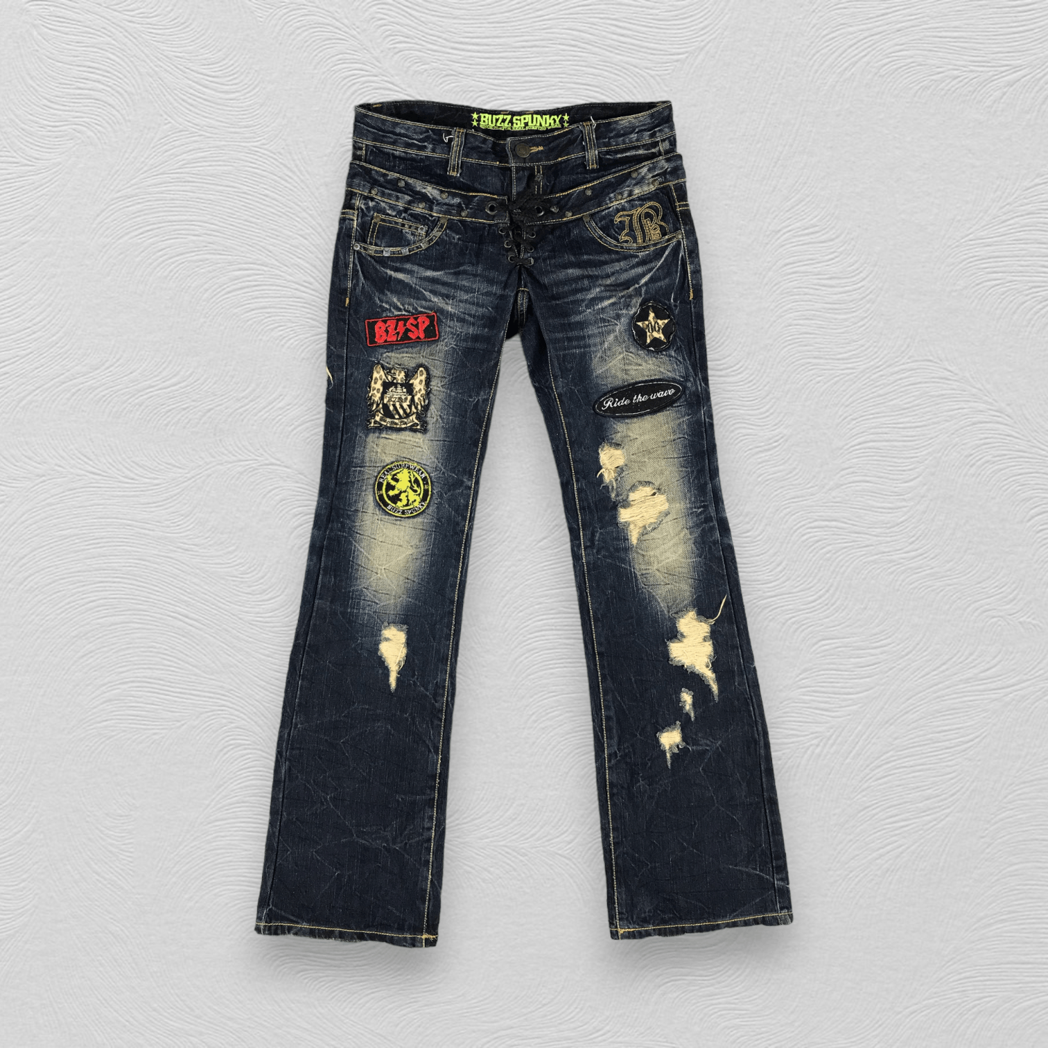 image of Vintage Buzz Spunky Denim Double Waist Patchwork Jeans Kj739 in Blue, Men's (Size 32)