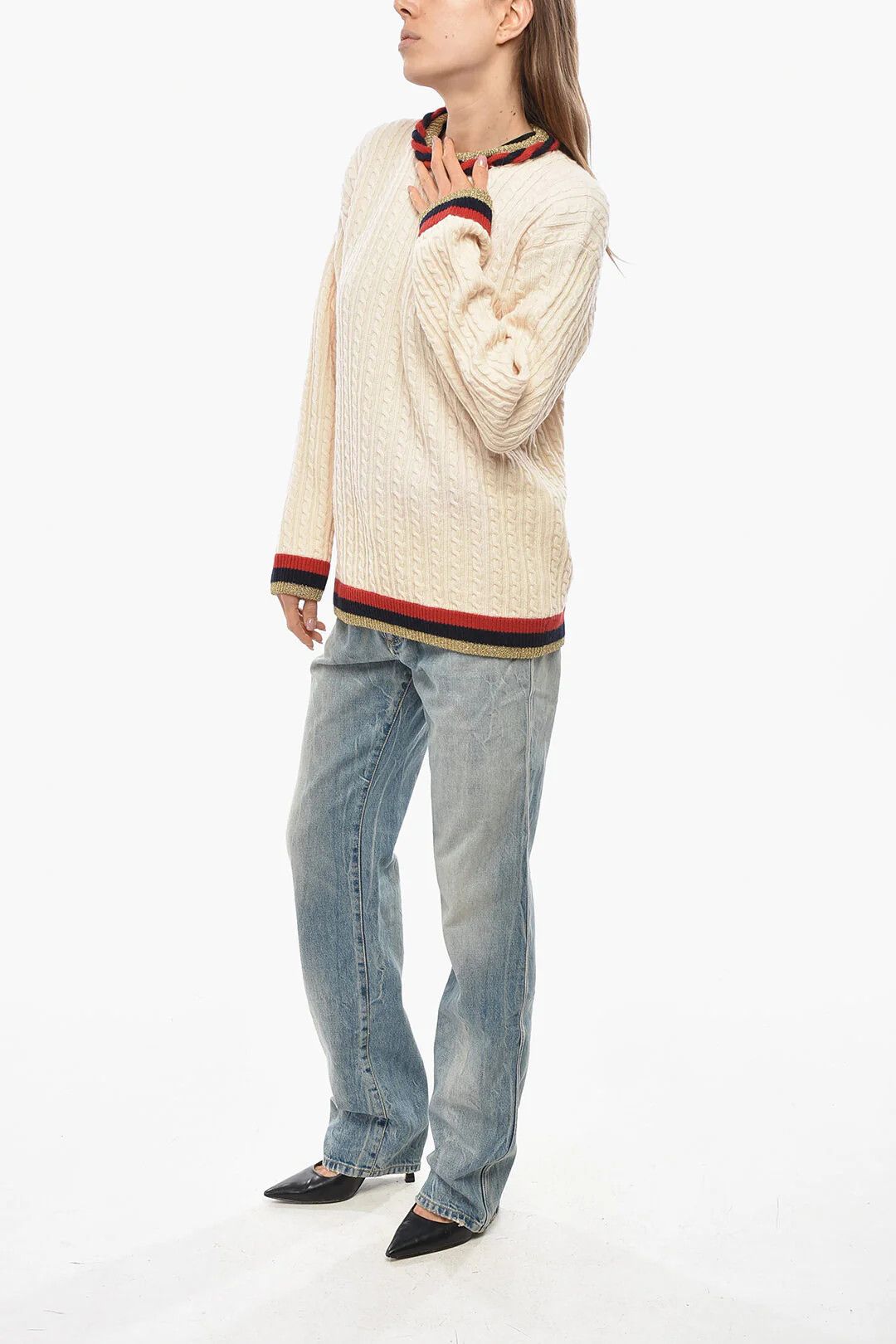 Gucci o1mm0326 Cashmere-Blend Cable Knit Crewneck Sweater in White Size S / US 4 / IT 40 - 4 Thumbnail