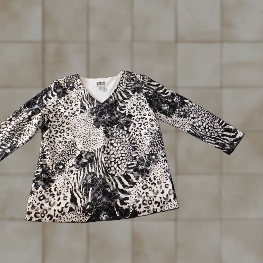 Vintage Chicos Blouse Shirt Womens V-Neck Floral Lined Polyester Spandex Rayon Pullover Button Casual Jazz Vintage No N/A 1 Black XS? Size XS / US 0-2 / IT 36-38 - 1 Thumbnail