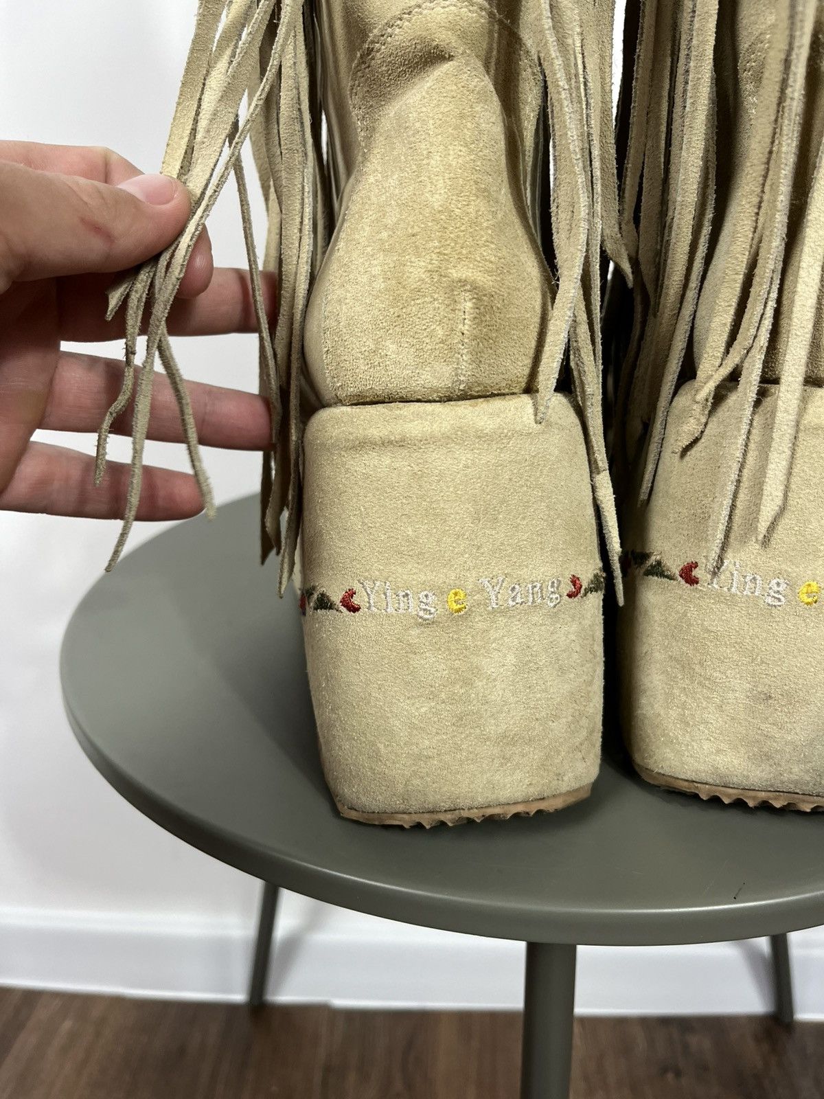 Vintage Beige Suede Fringe Platform Boots with Dangling Details Zip Size US 10 / IT 40 - 12 Thumbnail