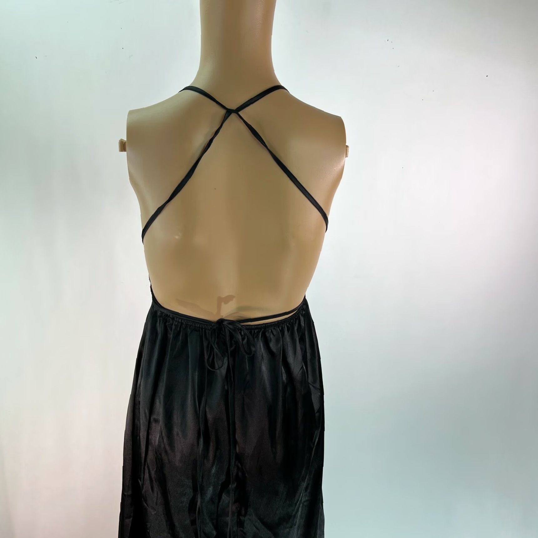 Shein Womens Shein Plunge Neck Crisscross Back Satin Black Dress XS Size Maxi Length 43 in Sleeve Halter Lace Accents Solid Color Designer Brand Shien Size XS / US 0-2 / IT 36-38 - 5 Thumbnail