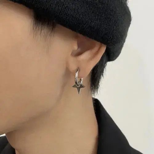 Sterling Silver Earrings for Men,Stainless Steel Star Hoop Earrings Size ONE SIZE - 4 Thumbnail