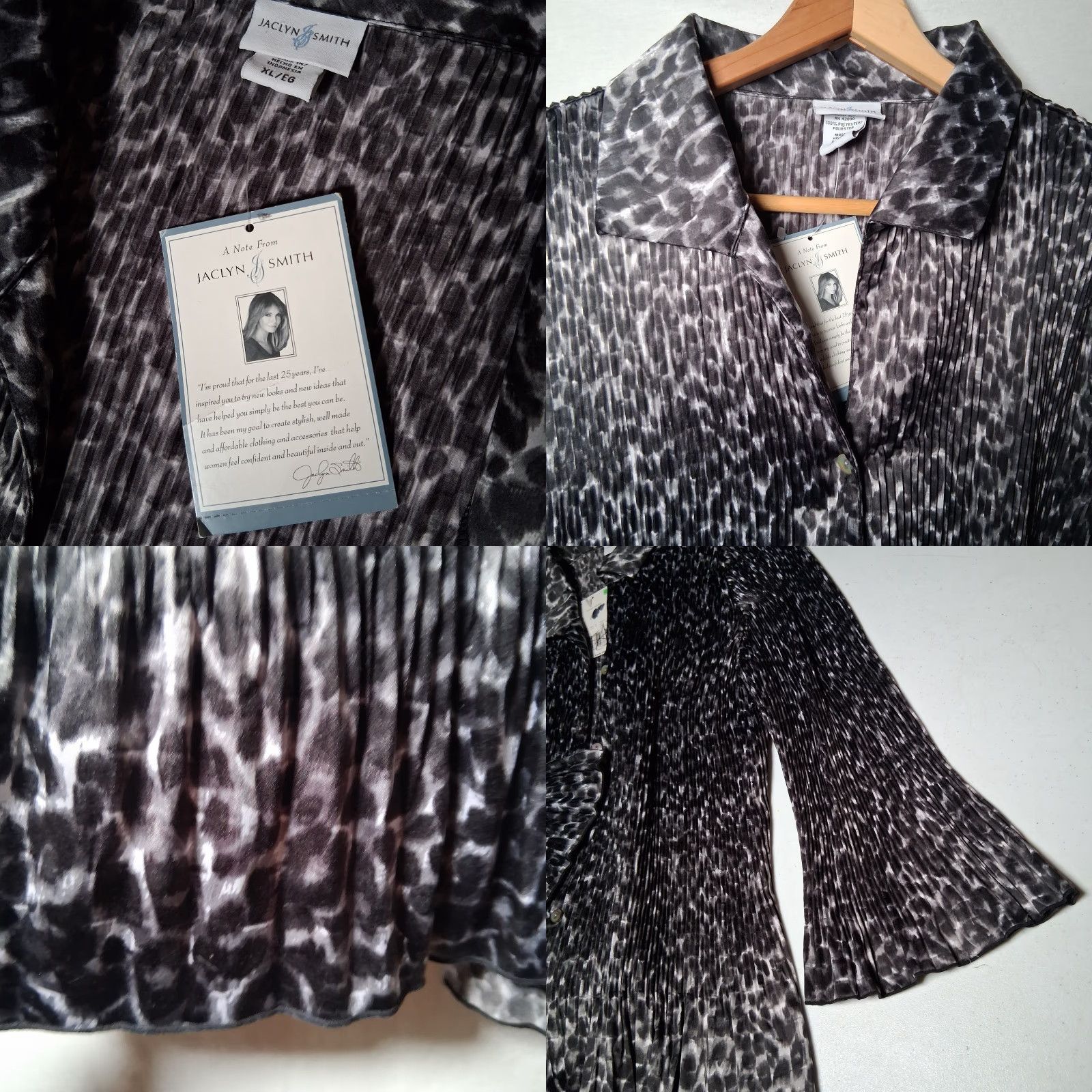 Vintage Jaclyn Smith Blouse XL Black Cat Print Bell Sleeve Pleated Satin Polyester Button Collared Size XL / US 12-14 / IT 48-50 - 8 Thumbnail