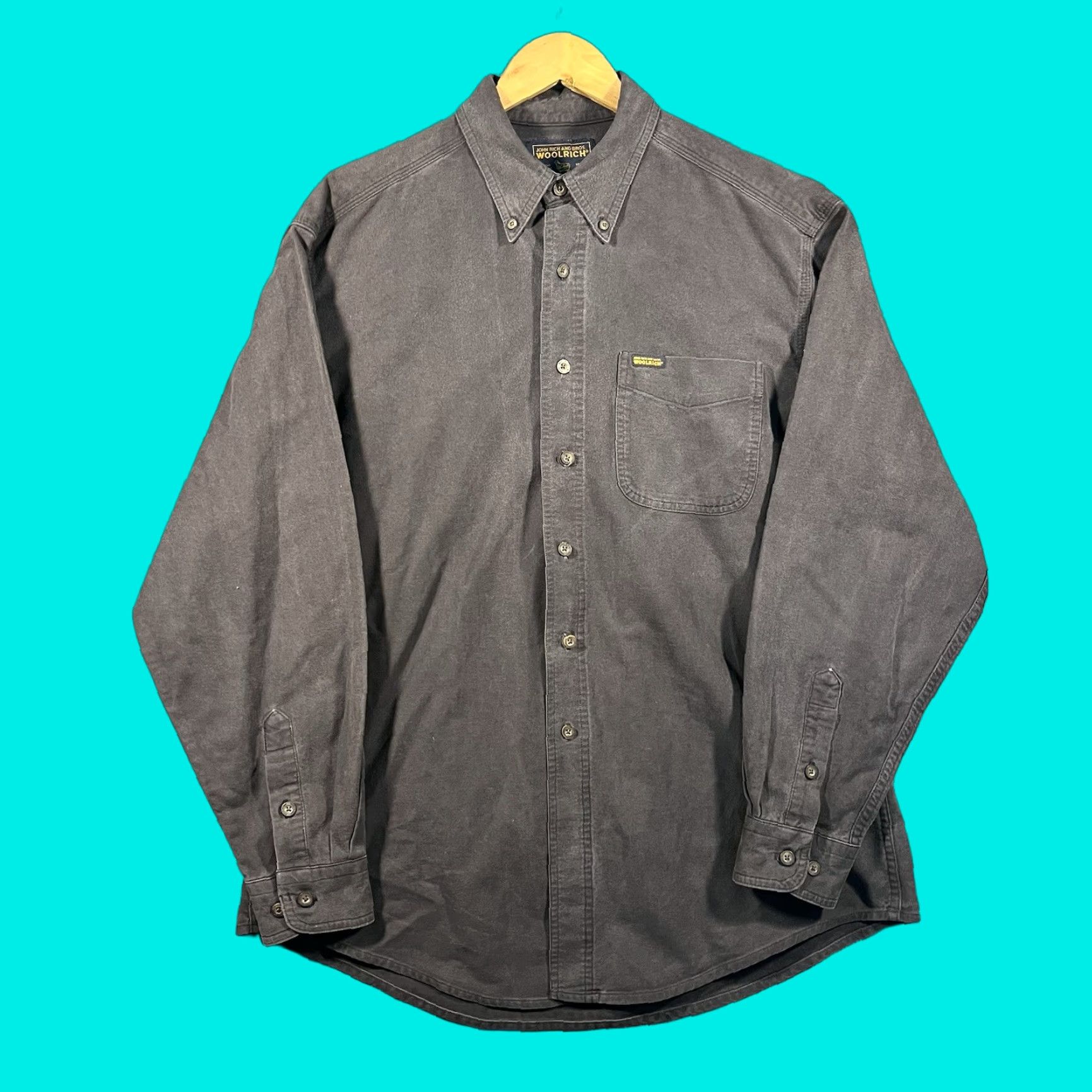 VINTAGE Woolrich Shirt Men L Gray Button-Down Collared Long Sleeve Cotton Chamois Flannel Heavyweight