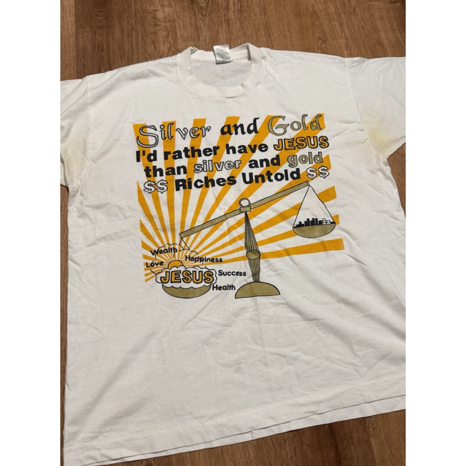 Fruit Of The Loom VINTAGE Jesus Tee Silver And Gold I’d Rather Have Jesus Single Stitch Shirt 2XL Size US XXL / EU 58 / 5 - 7 Thumbnail