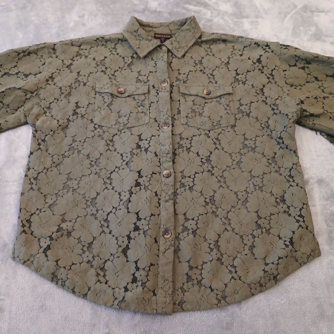 Vintage Shyanne Shirt Womens S Green Floral Lace Long Sleeve Button Up Fringe Size S / US 4 / IT 40 - 5 Thumbnail