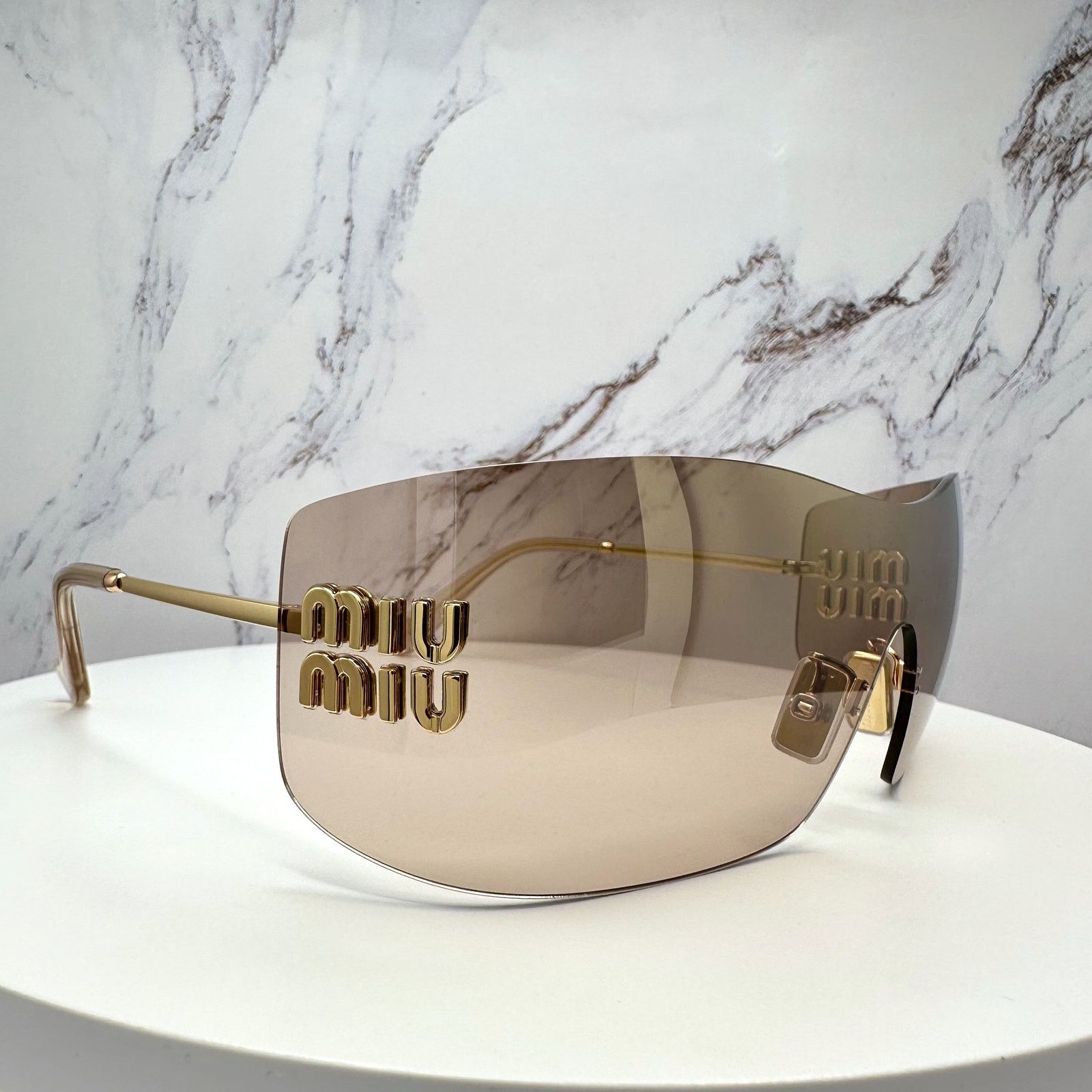 Miu Miu New MIU MIU Sunglasses Gold Light Mirror Bronze Rimless Wrap Size ONE SIZE - 3 Thumbnail