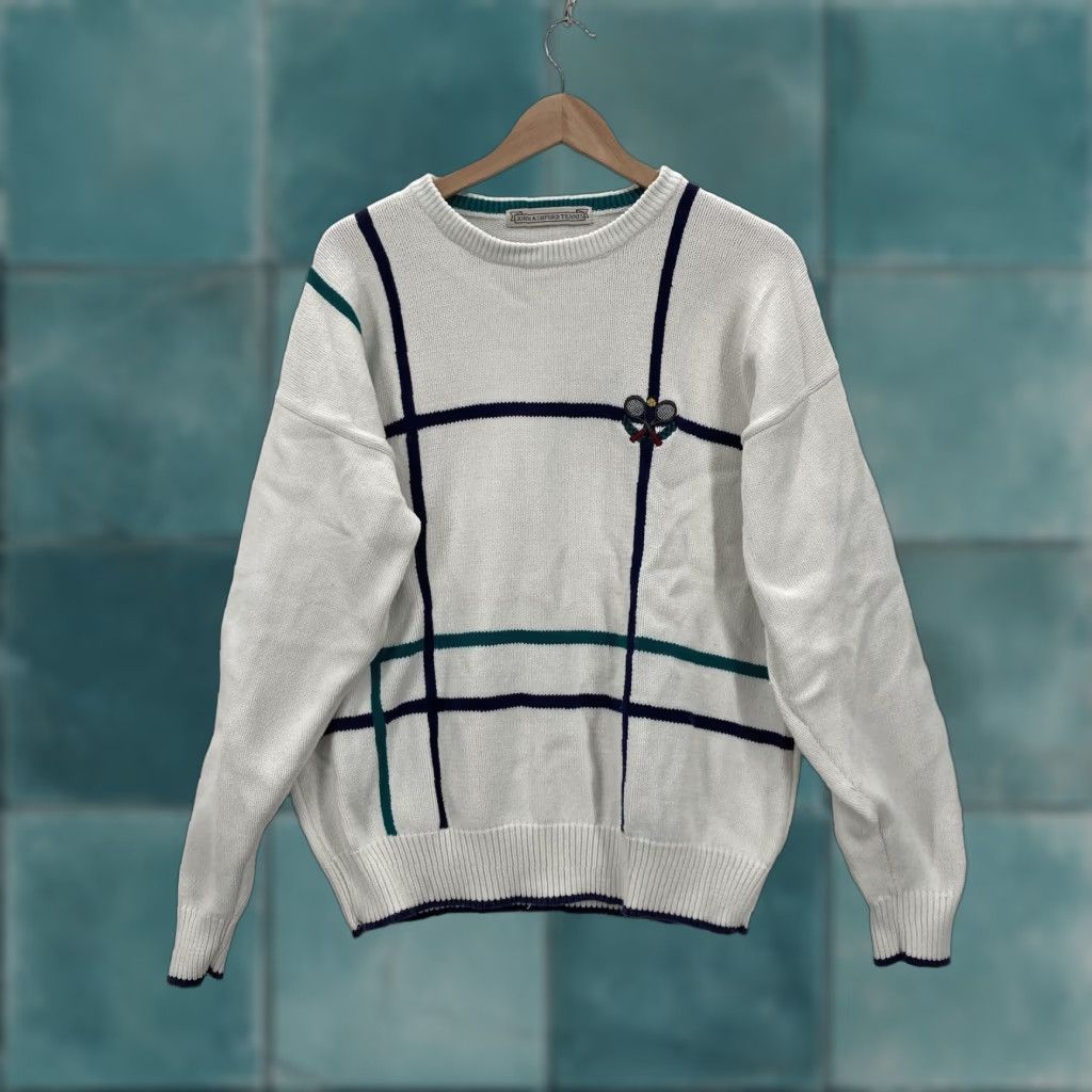 Vintage VINTAGE John Ashford Tennis Sweater Mens Large White Crewneck Cotton Grid 90s Size US L / EU 52-54 / 3 - 1 Thumbnail